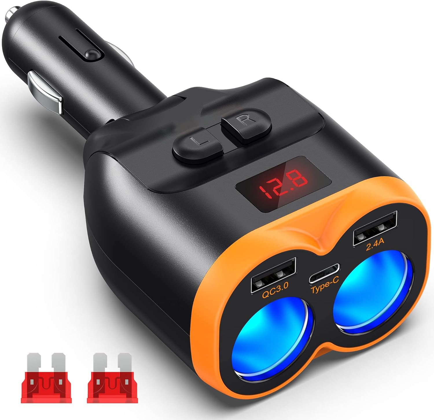 Adaptor bricheta USB, Zola®, 3 porturi USB, 2 prize pentru bricheta, 12-24V, 100W, 12x6x4.5 cm, negru/portocaliu Adaptor bricheta USB, Zola®, 3 porturi USB, 2 prize pentru bricheta, 12-24V, 100W, 12x6x4.5 cm, negru/portocaliu